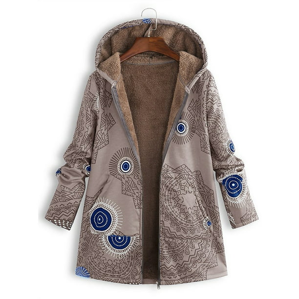 POTO Coats for Women Plus Size Ladies Vintage Winter Warm Floral Coat Hooded Pockets Jacket Parkas Outwear 